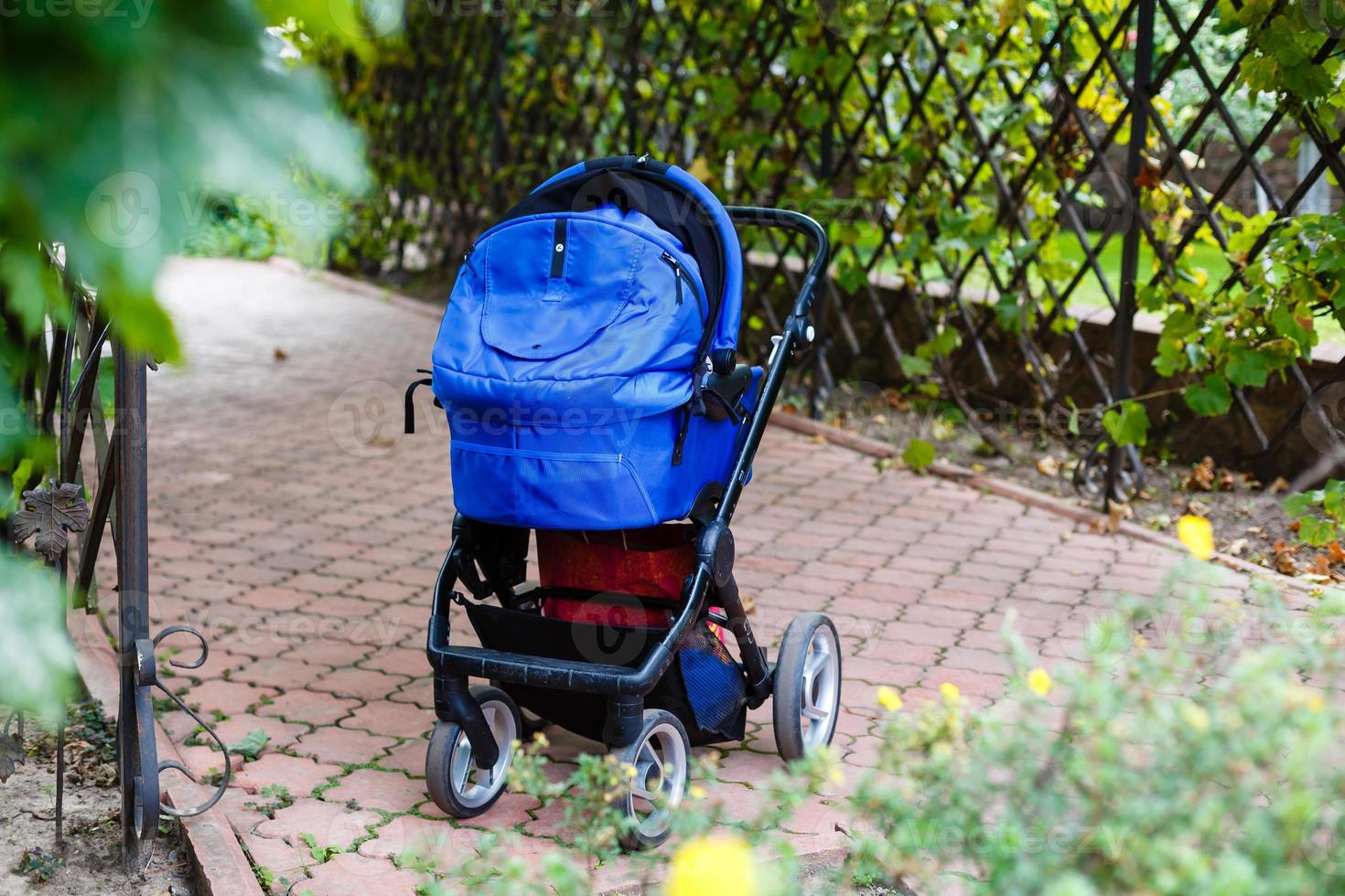 Old up cycled stroller, now used as a mobile flowerbed. Alternative gardening in the city. photo