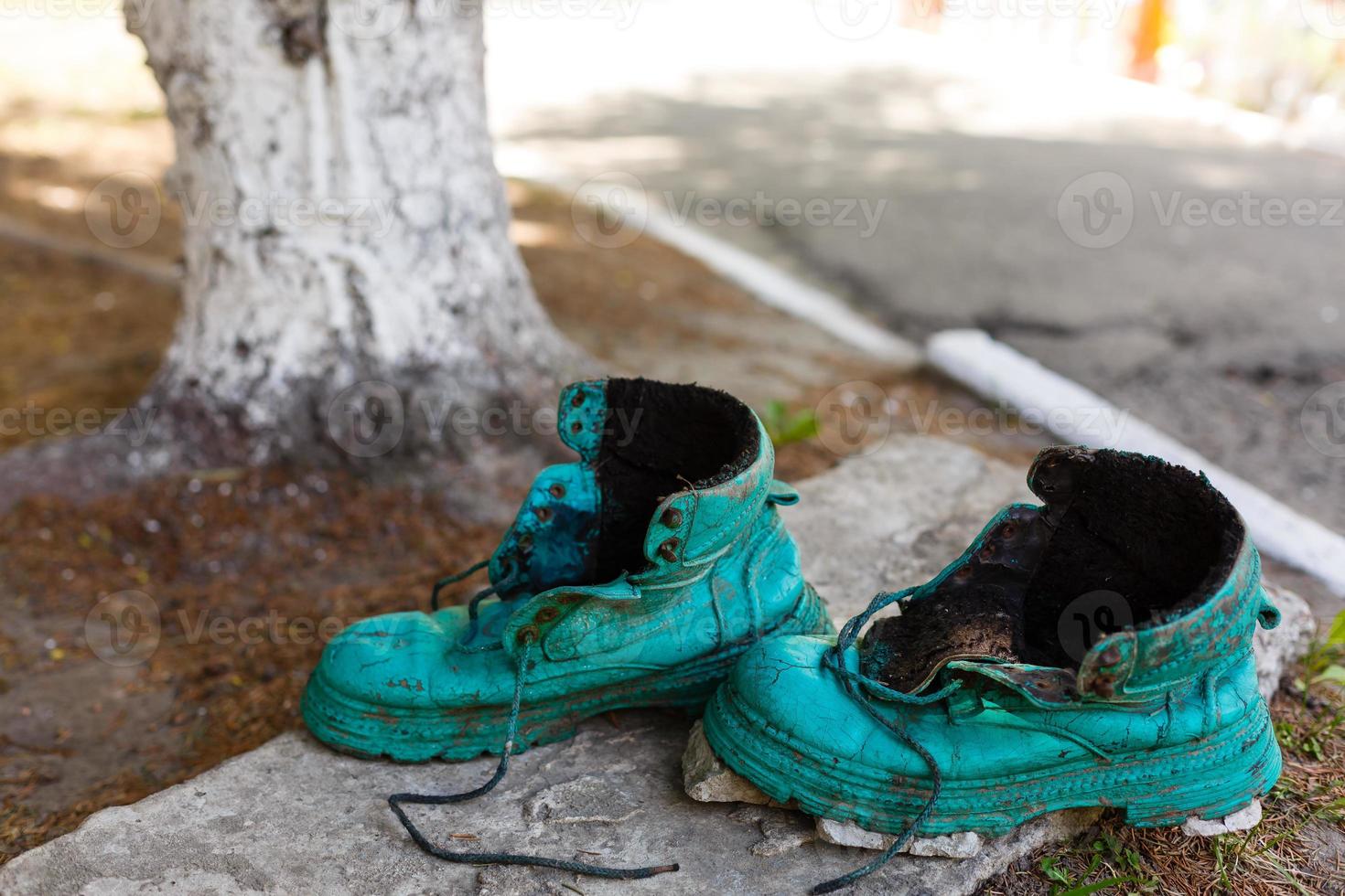 Old shoe covered in moss in a spring forest. Abstract image. Old green shoes photo