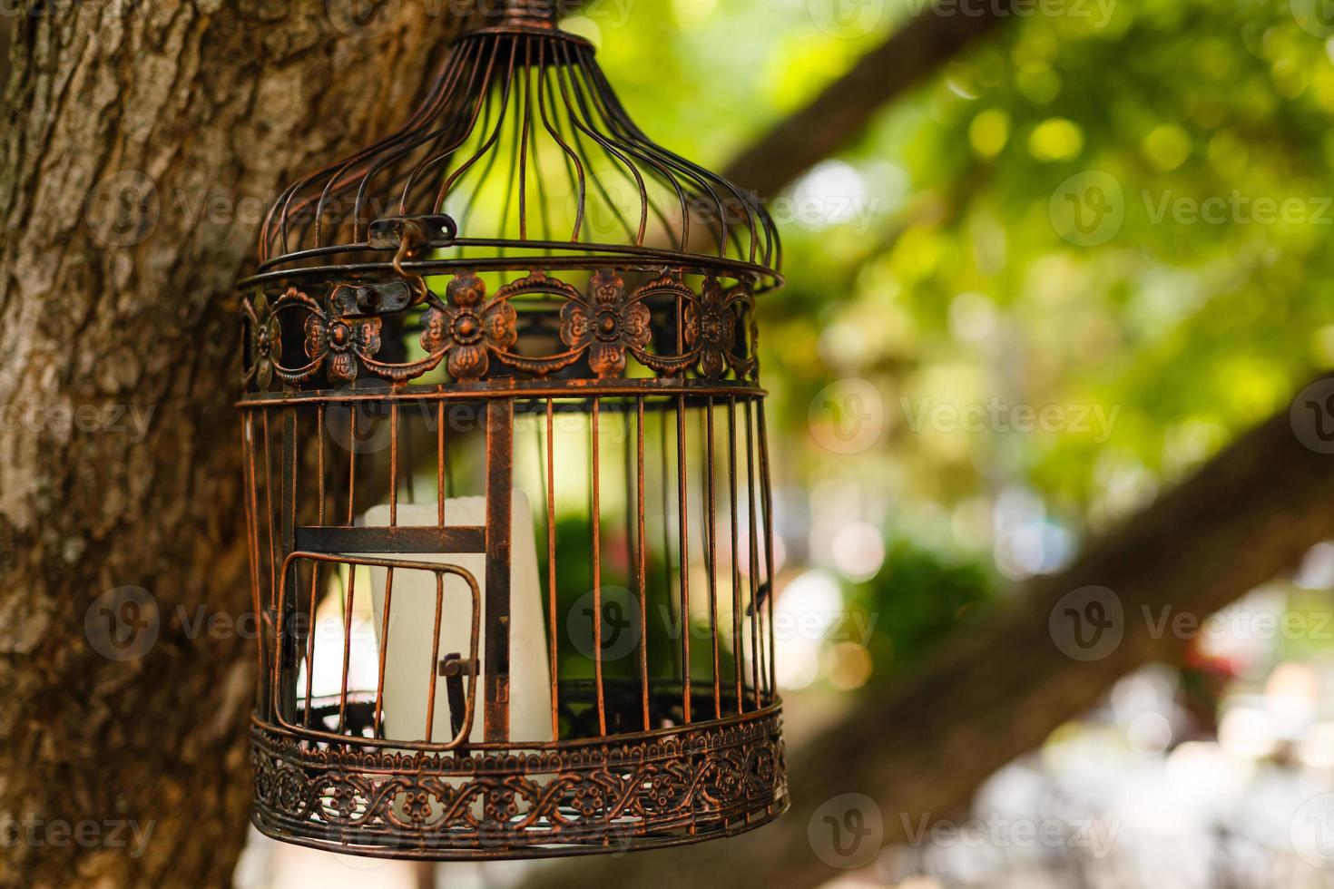 vintage wedding decorative birdcage with candles on natural background photo