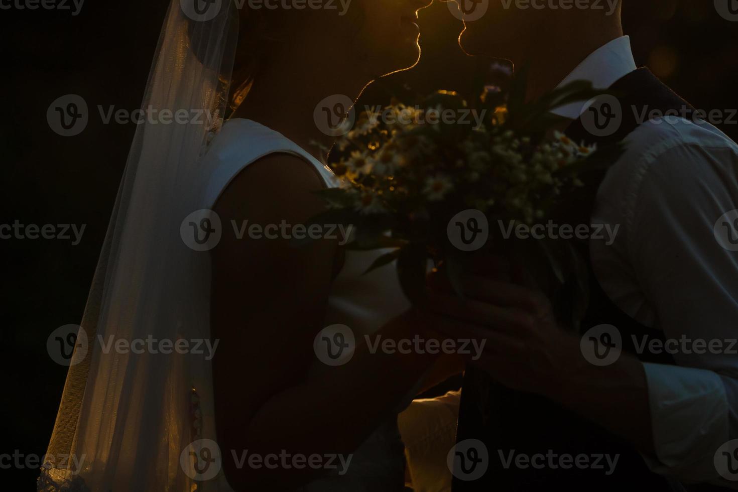Close-up of bride and groom, who look at each other at sunset in the mountains. photo