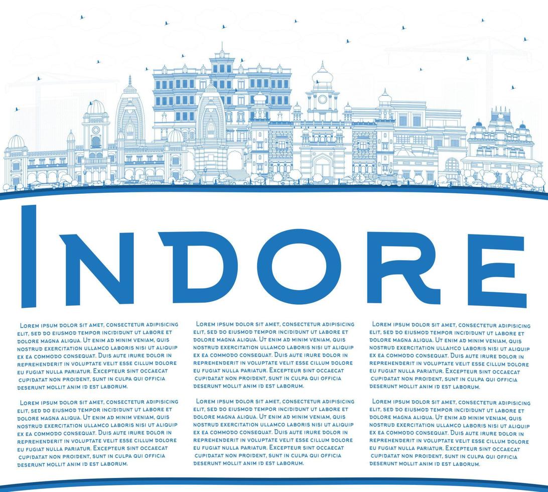 Outline Indore India City Skyline with Blue Buildings and Copy Space. vector