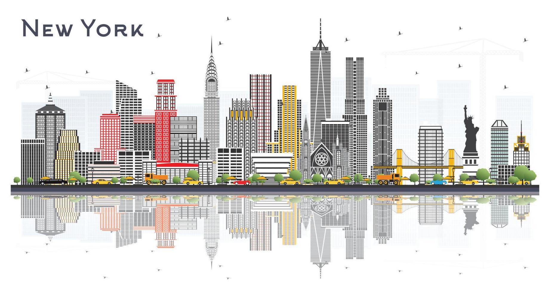 el horizonte de la ciudad de nueva york usa con rascacielos grises y reflejos aislados en blanco. vector