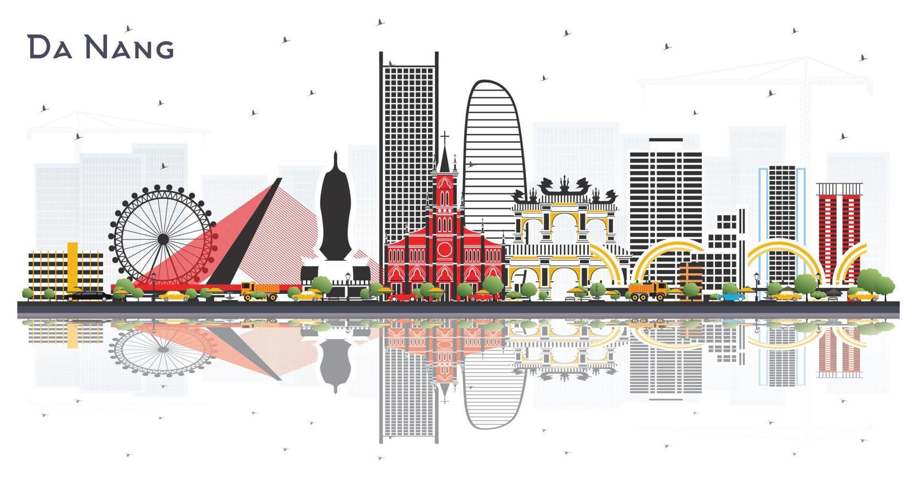Da Nang Vietnam City Skyline with Color Buildings and Reflections Isolated on White. vector