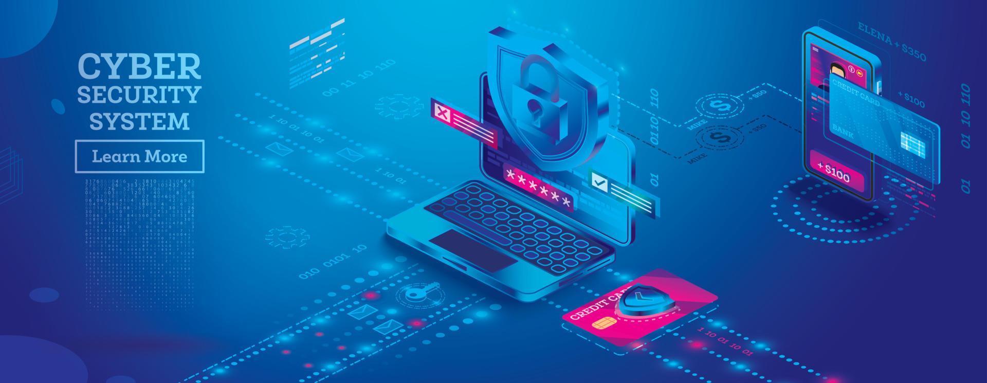 concepto de ciberseguridad. símbolo de candado. computadora portátil isométrica, tarjeta de crédito y teléfono inteligente con escudo. vector