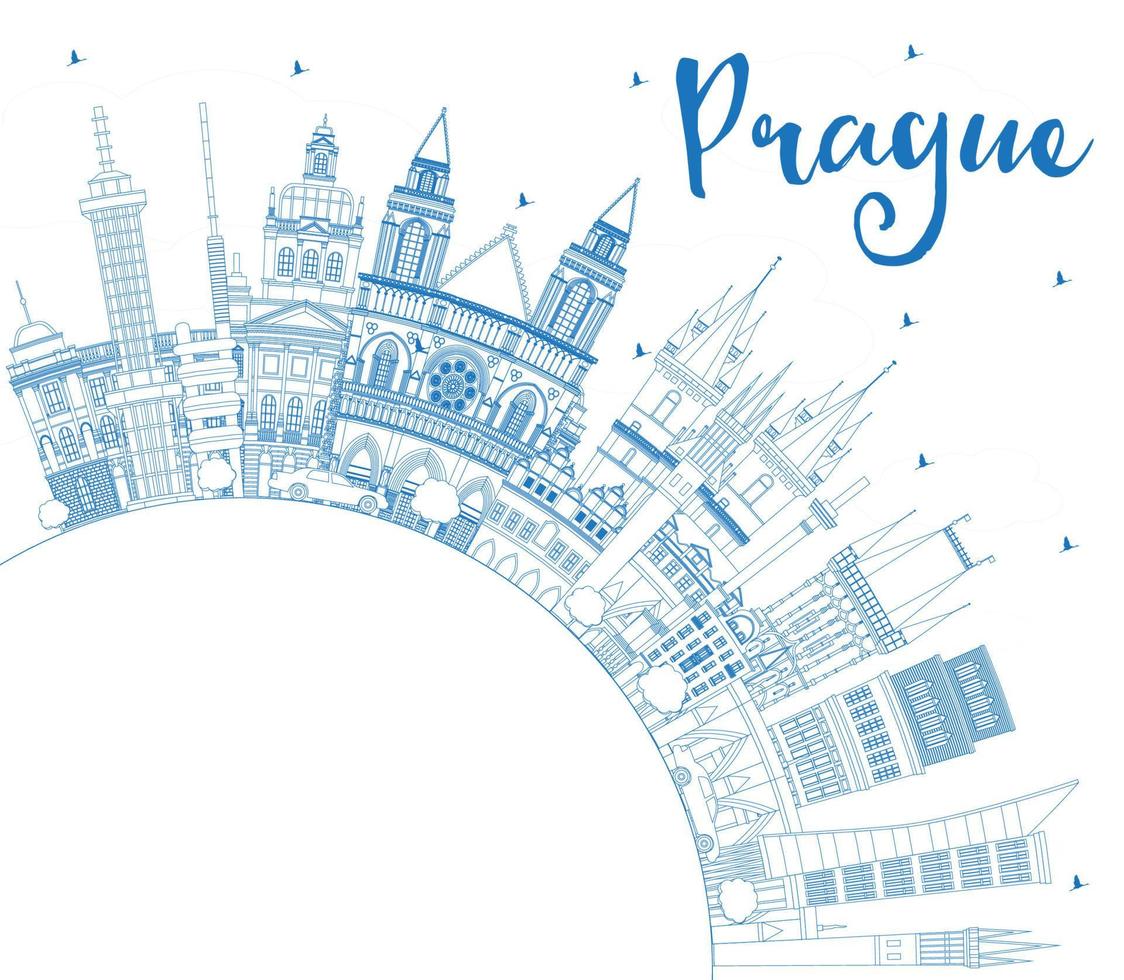 delinear el horizonte de la ciudad de praga república checa con edificios azules y espacio de copia. vector