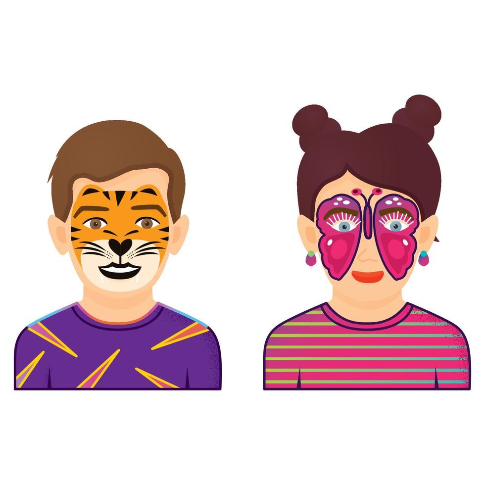 Face Painting Icons. Boy and Girl with Tiger and Butterfly Painting Isolated on White Background. vector
