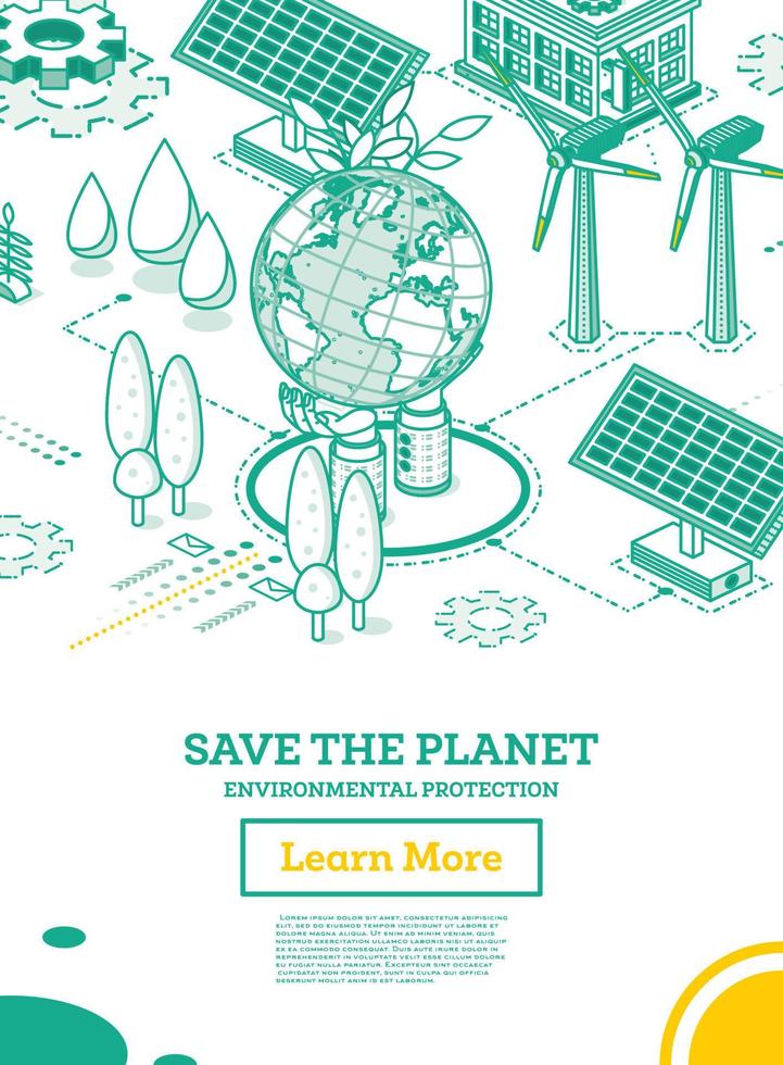 Save the Planet. Hands Hold Model of Globe. Isometric Concept. Environmental Protection. Solar Panels. vector