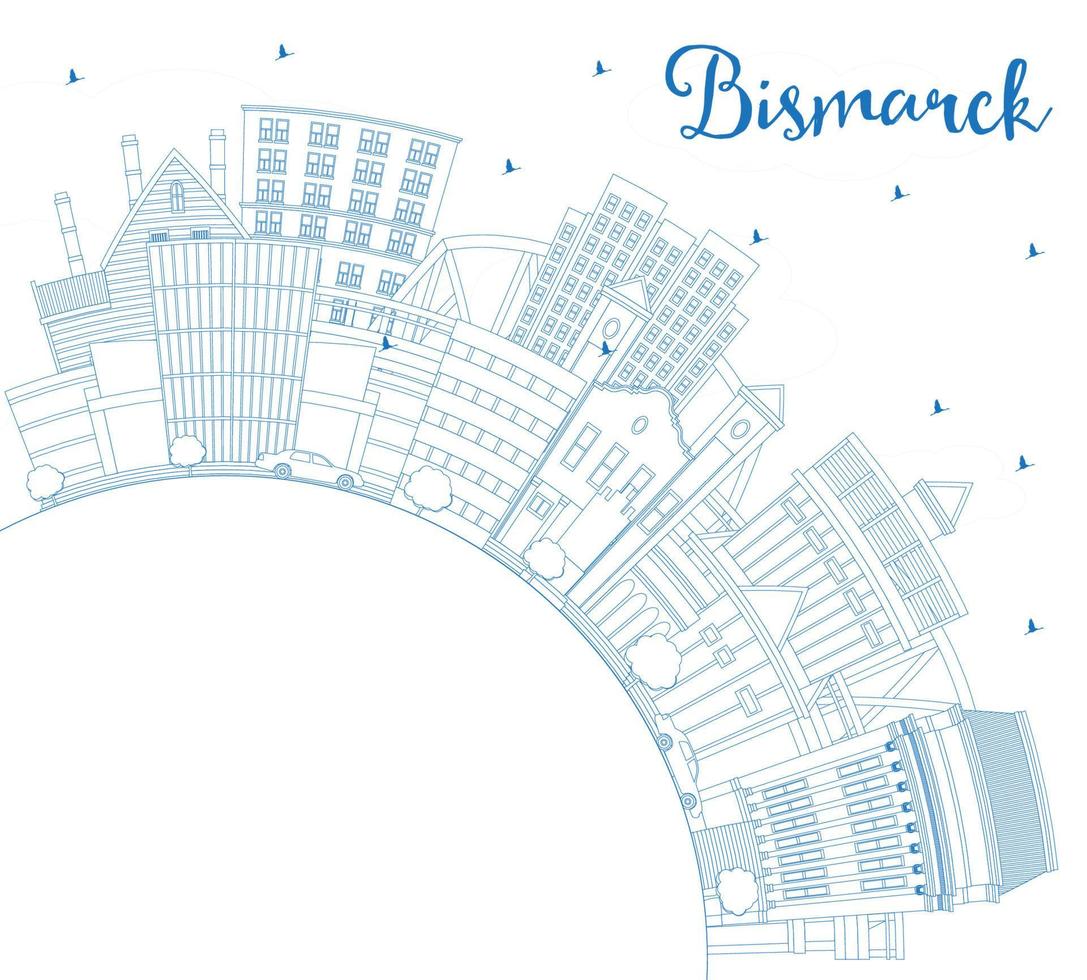 Outline Bismarck North Dakota City Skyline with Blue Buildings and Copy Space. vector