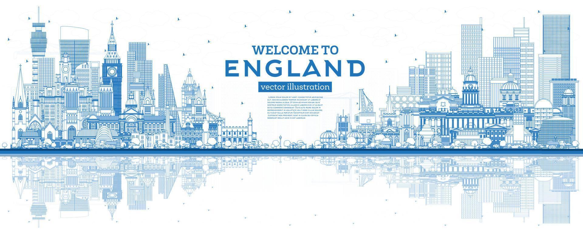 Outline Welcome to England City Skyline with Blue Buildings and ...
