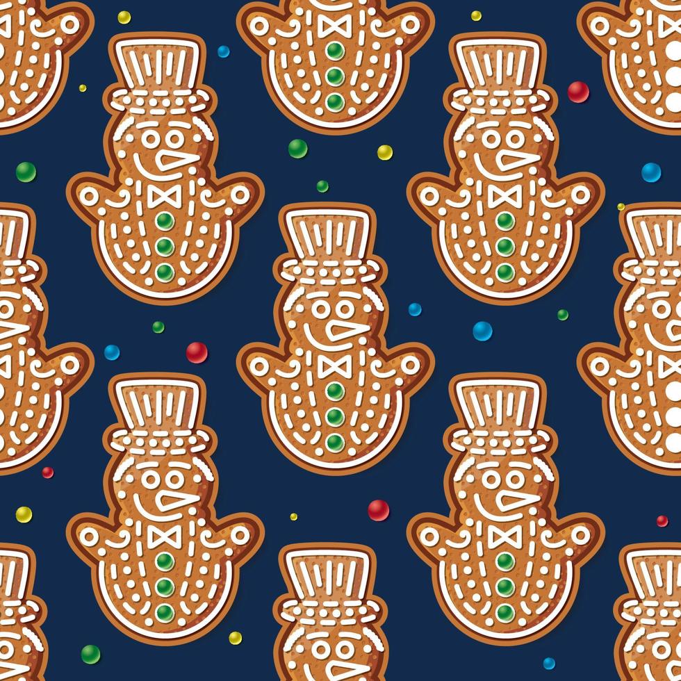 Seamless Pattern with Gingerbread Snowman on Blue. Christmas Cookie. vector