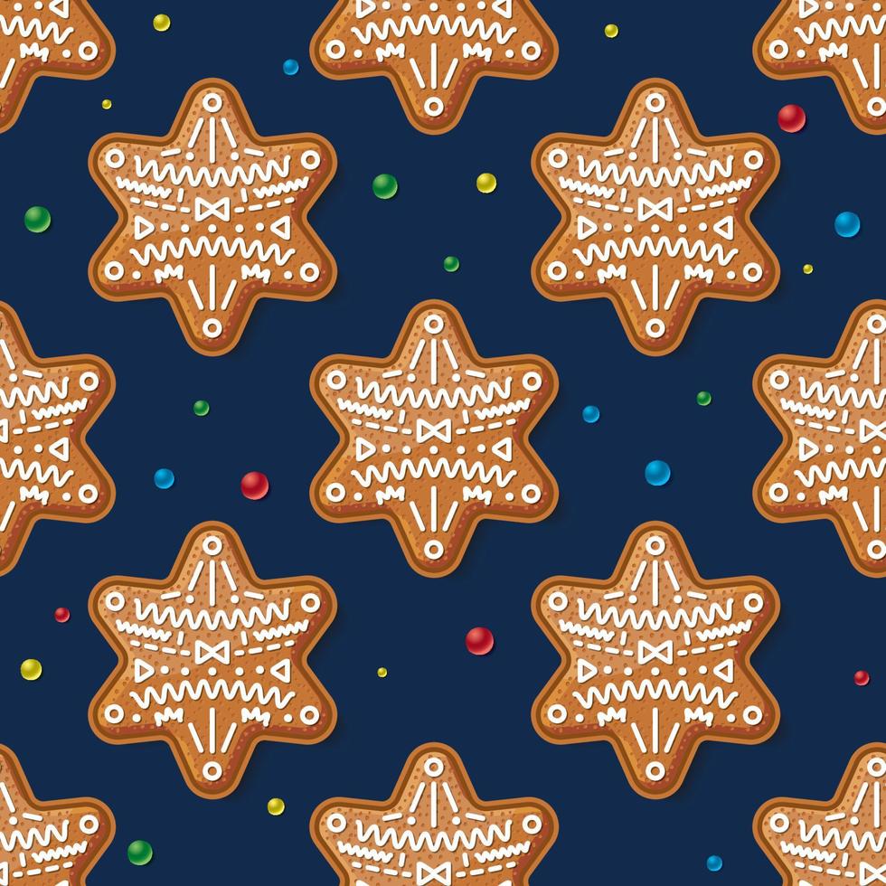 Seamless Pattern with Gingerbread Star on Blue. Christmas Cookie. vector