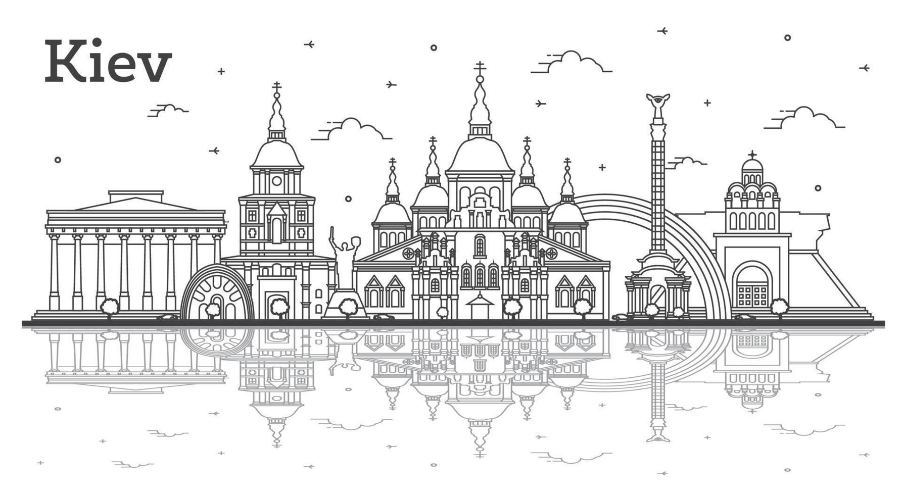 Outline Kiev Ukraine City Skyline with Historic Buildings and Reflections Isolated on White. vector