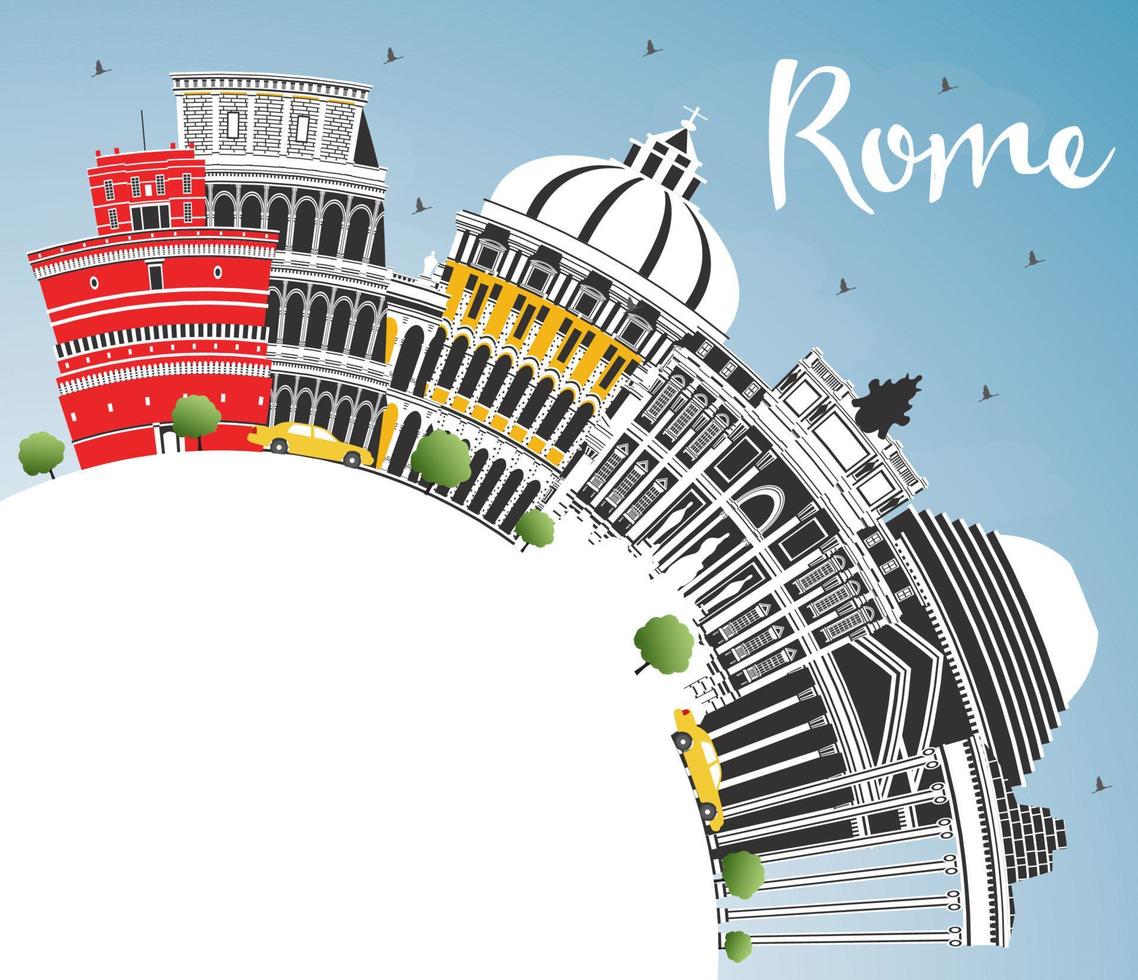 Rome Italy City Skyline with Color Buildings, Blue Sky and Copy Space. vector