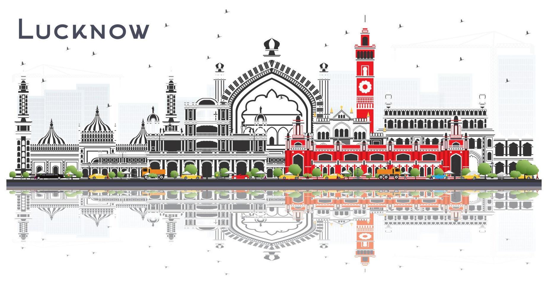 Lucknow India City Skyline with Gray Buildings and Reflections Isolated on White. vector