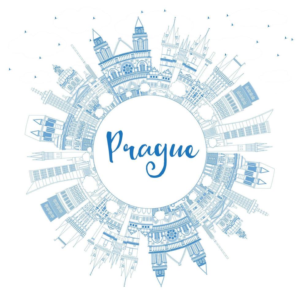 Outline Prague Czech Republic City Skyline with Blue Buildings and Copy Space. vector