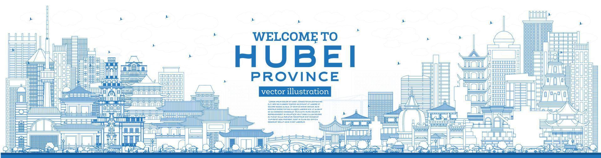 bienvenido a la provincia de hubei en china. delinear el horizonte de la ciudad con edificios azules. vector