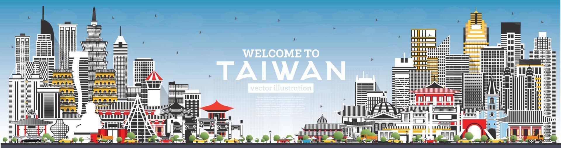 bienvenido al horizonte de la ciudad de taiwán con edificios grises y cielo azul. vector