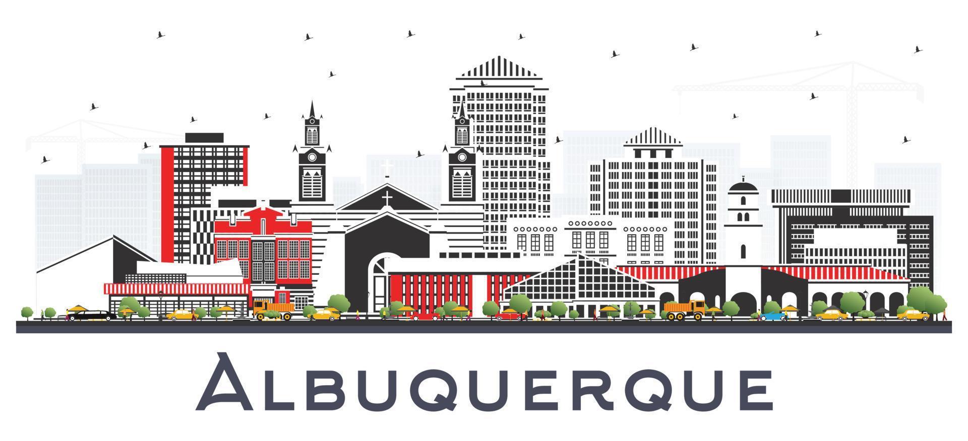 Albuquerque New Mexico City Skyline with Color Buildings Isolated on White. vector