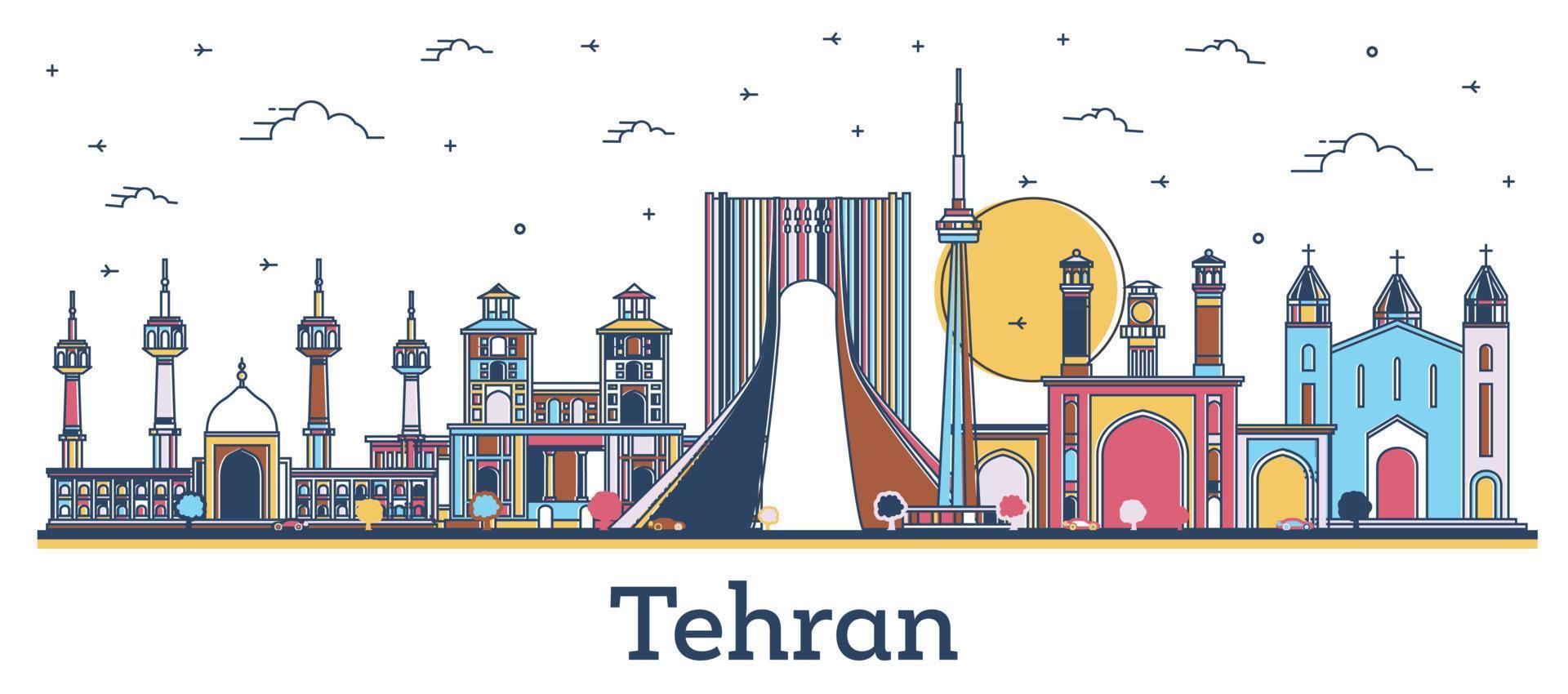delinear el horizonte de la ciudad de teherán irán con edificios históricos de colores aislados en blanco. vector
