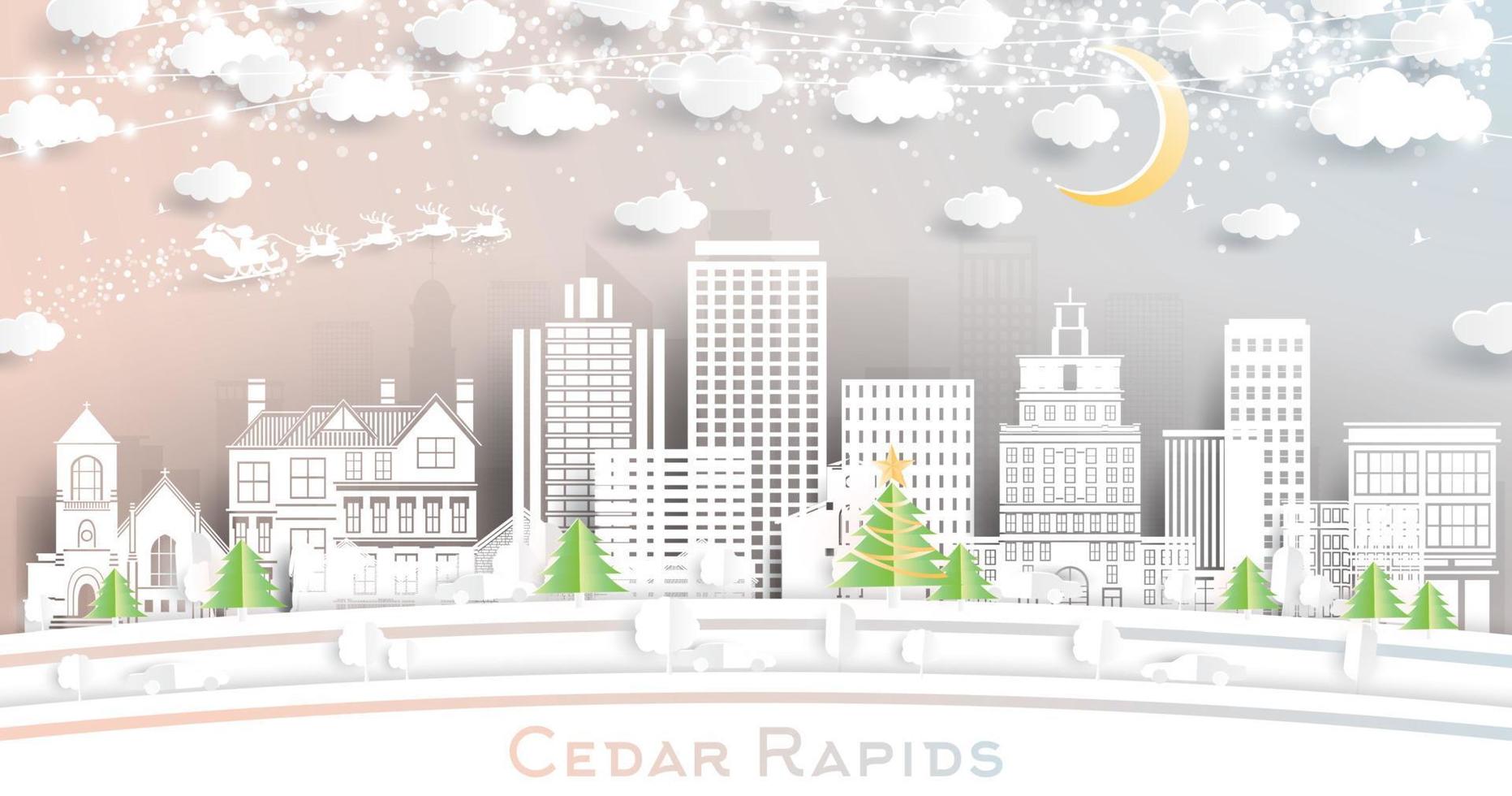 el horizonte de la ciudad de cedro rapids iowa en estilo de corte de papel con copos de nieve, luna y guirnalda de neón. vector