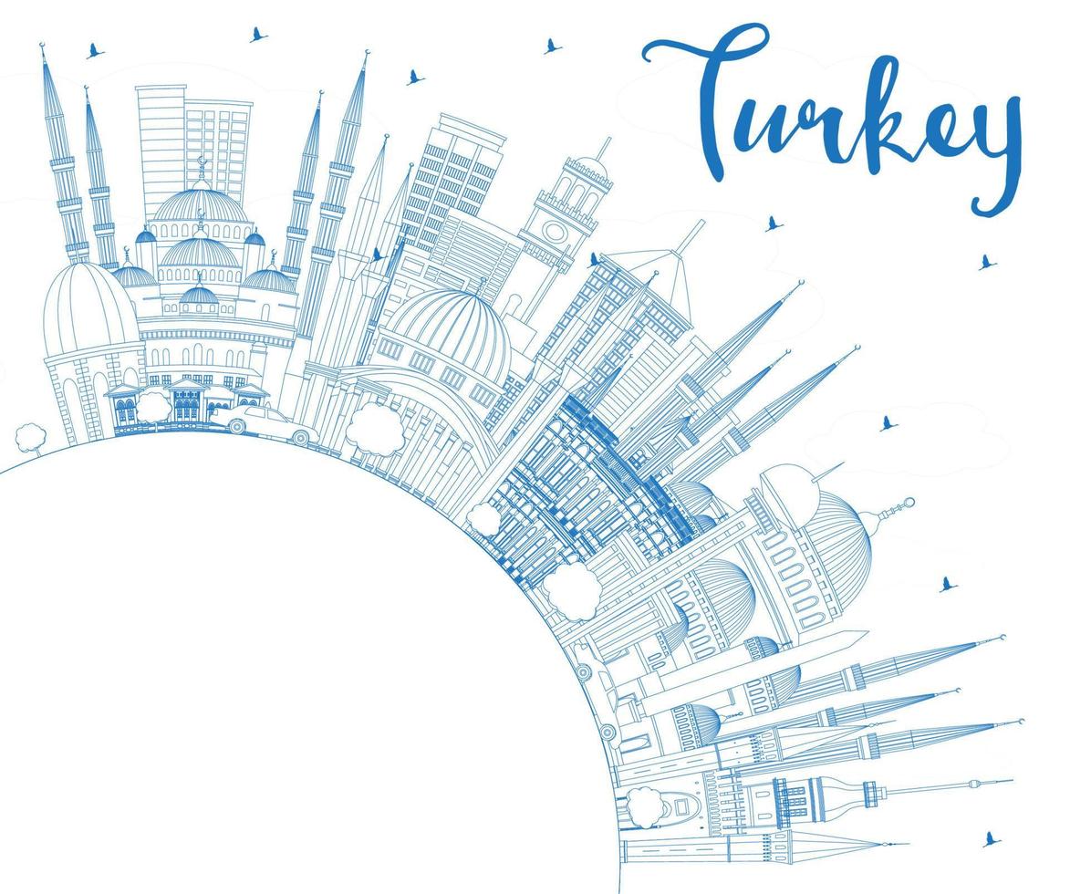 Outline Turkey City Skyline with Blue Buildings and Copy Space. vector