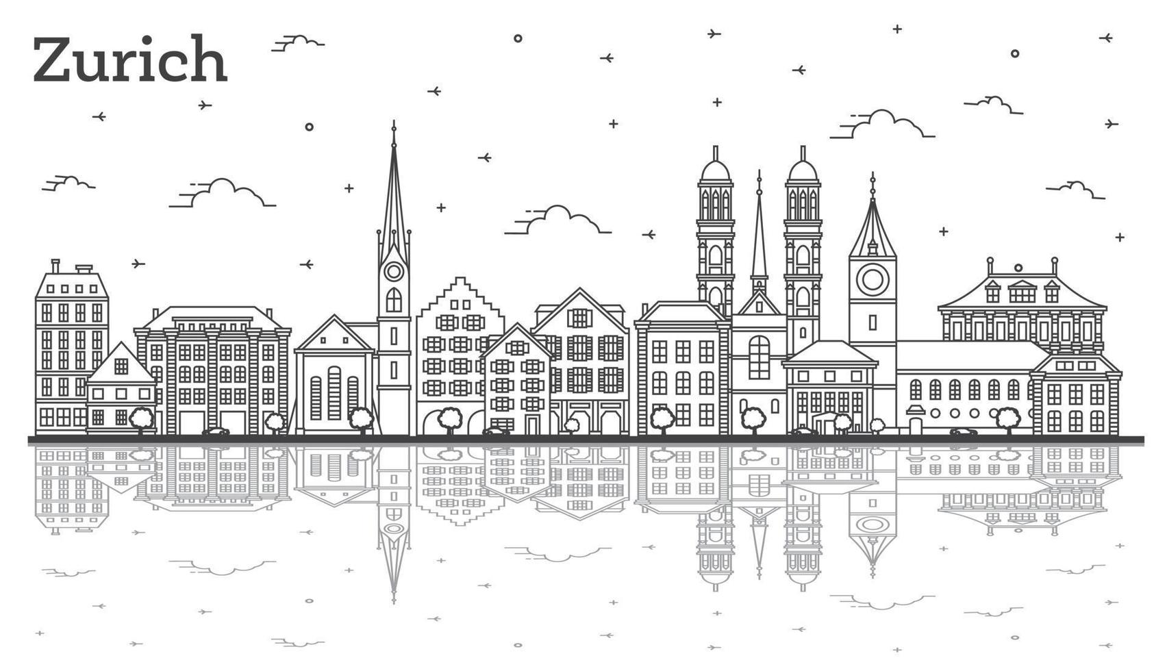 delinear el horizonte de la ciudad de zúrich suiza con edificios históricos y reflejos aislados en blanco. vector