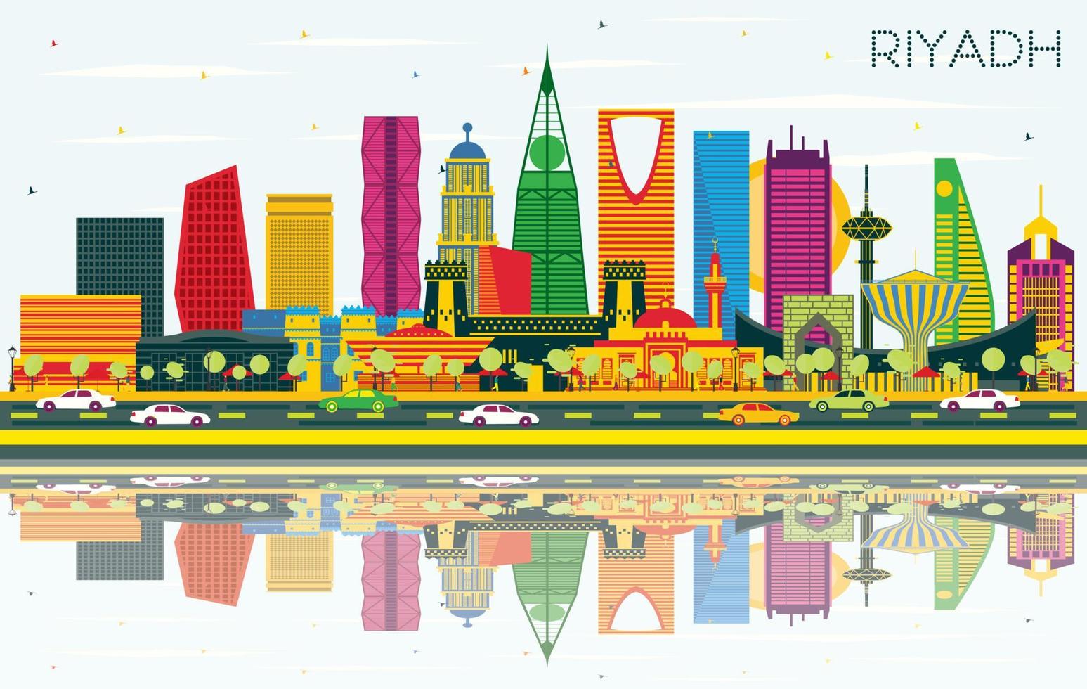 Riyadh Saudi Arabia City Skyline with Color Buildings, Blue Sky and Reflections. vector