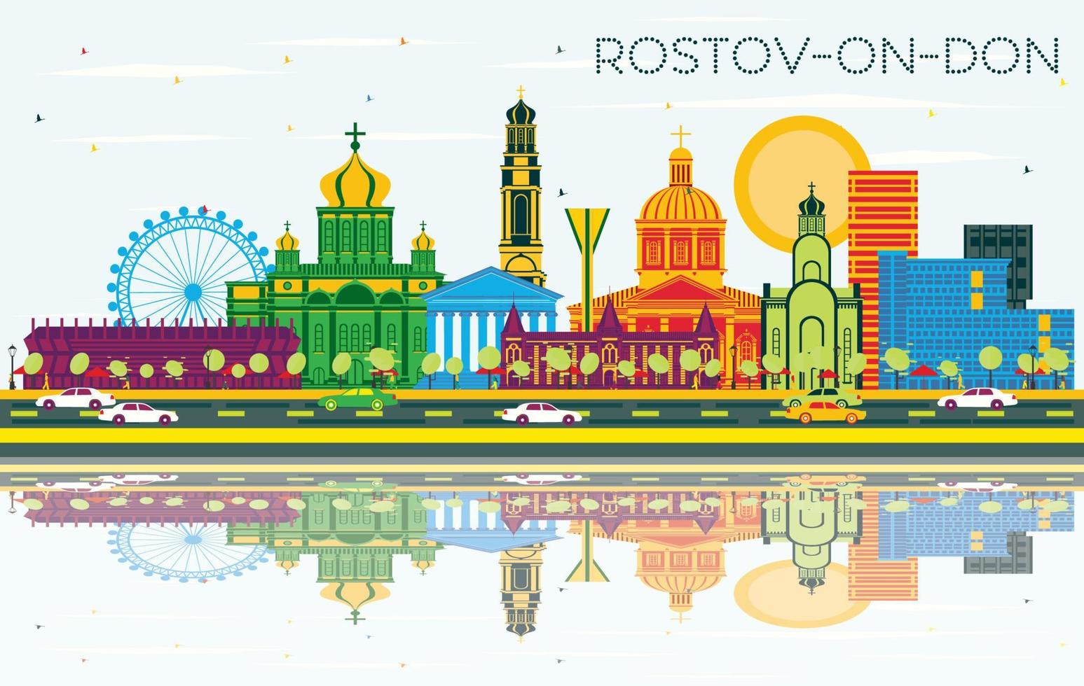 Rostov-on-Don Russia City Skyline with Color Buildings, Blue Sky and Reflections. vector