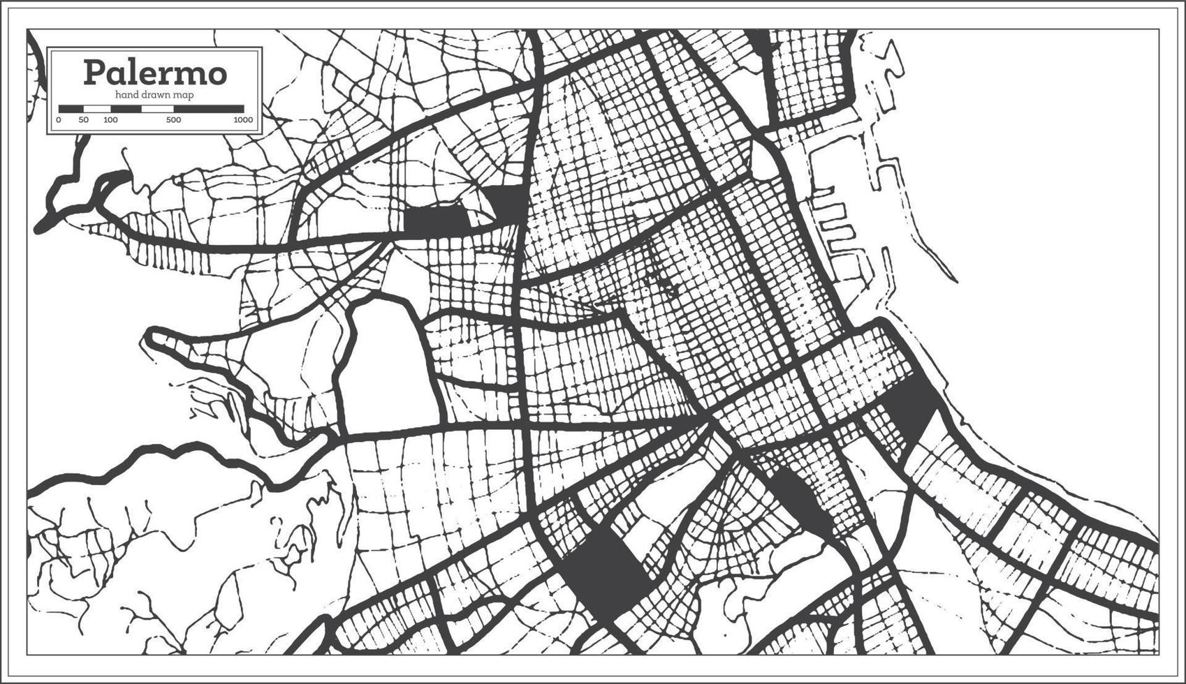 mapa de la ciudad de palermo italia en color blanco y negro en estilo retro. esquema del mapa. vector