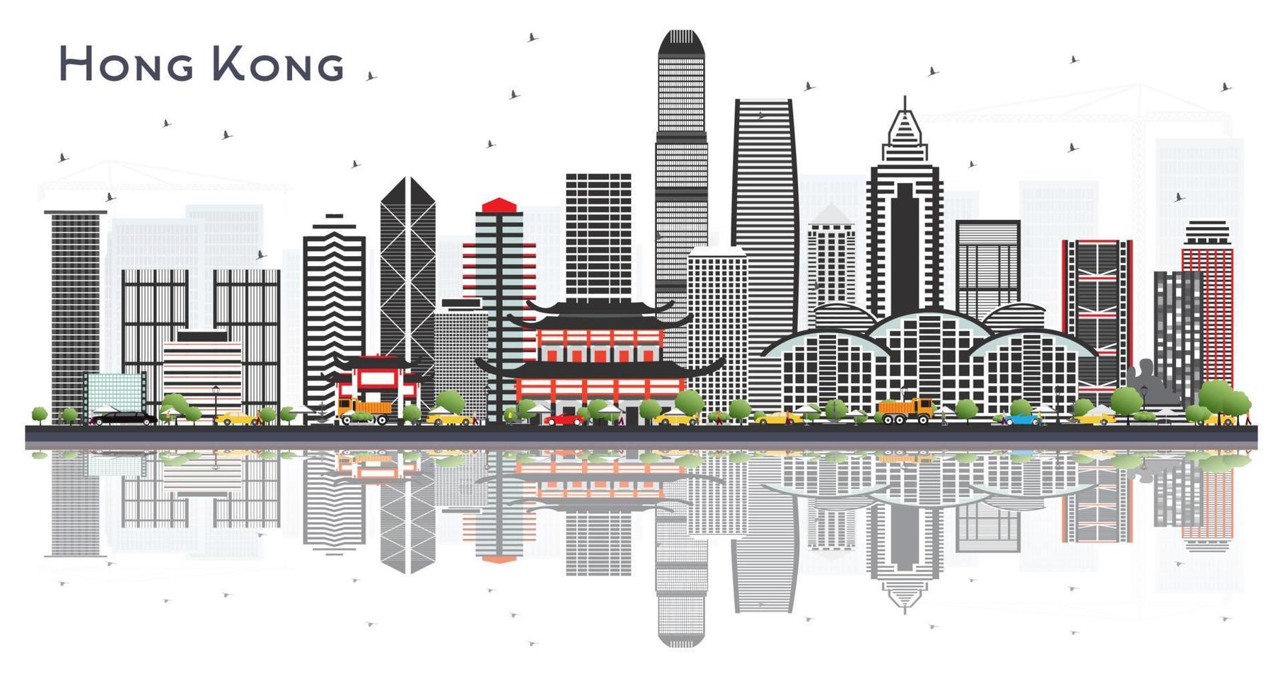 horizonte de la ciudad de hong kong china con edificios grises y reflejos aislados en blanco. vector