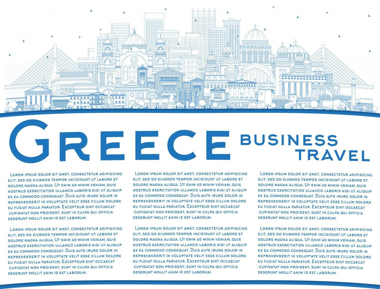 Outline Welcome to Greece City Skyline with Blue Buildings and Copy Space. vector