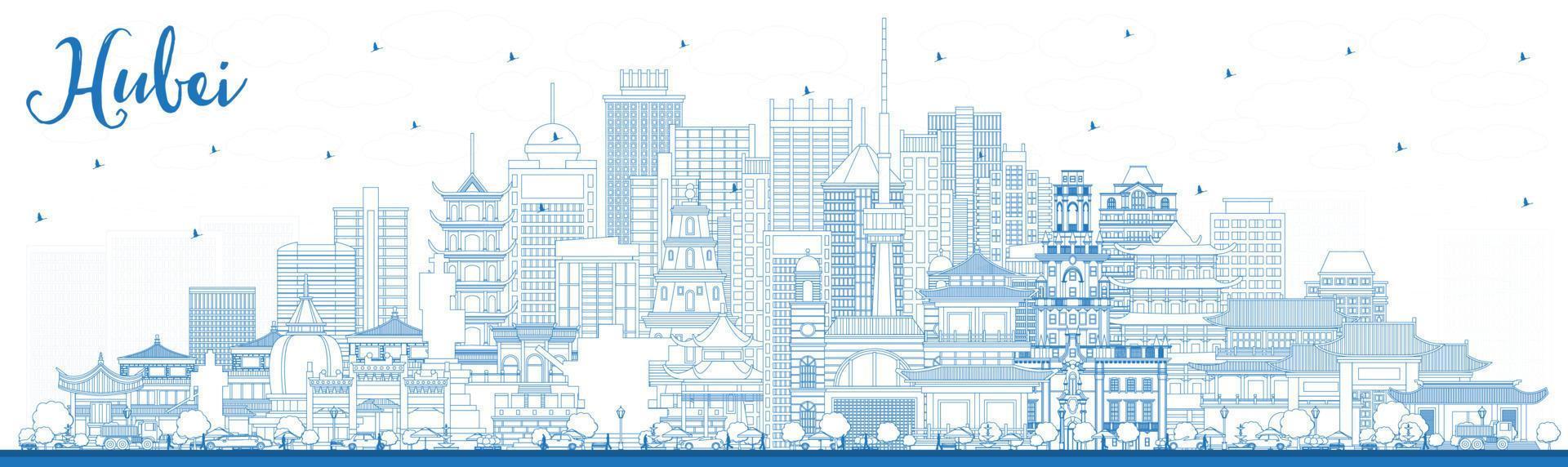 Outline Hubei Province in China. City Skyline with Blue Buildings. vector