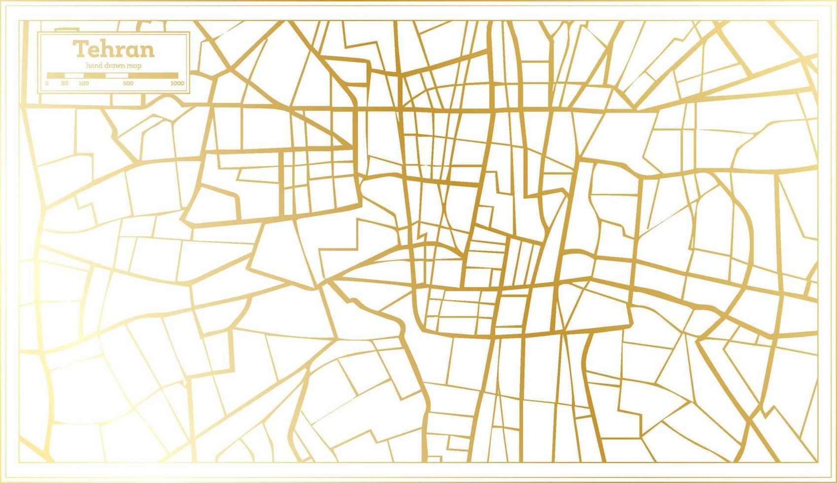 mapa de la ciudad de teherán irán en estilo retro en color dorado. esquema del mapa. vector