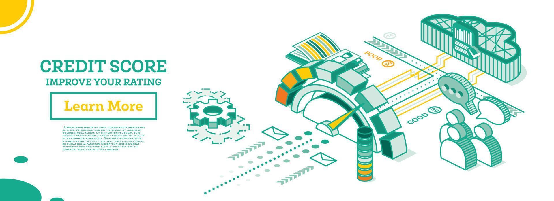 Isometric Personal Credit Score or Rating Concept. Credit Score Calculated in Computer's Cloud. vector