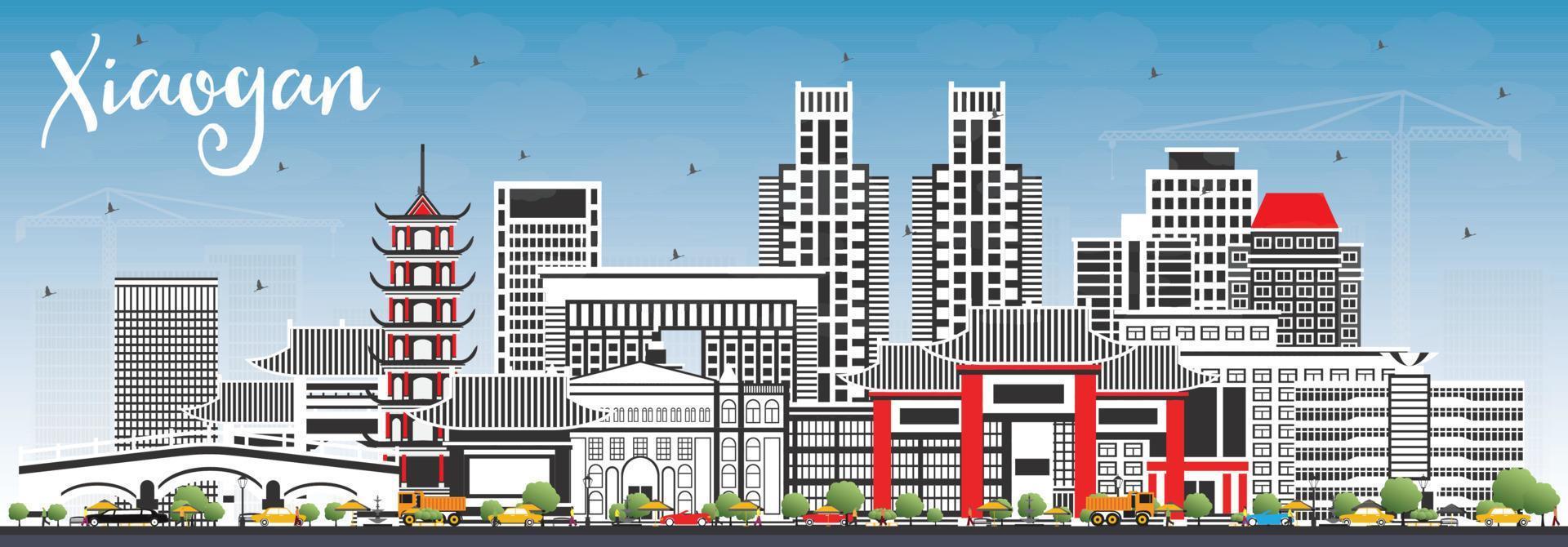 Xiaogan China City Skyline with Color Buildings and Blue Sky. vector