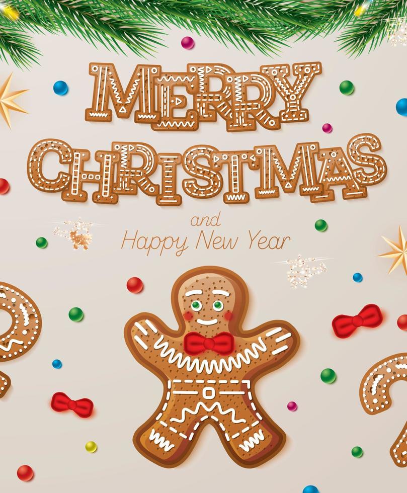 Christmas Greeting Card with Gingerbread Man and Fir Branches. vector