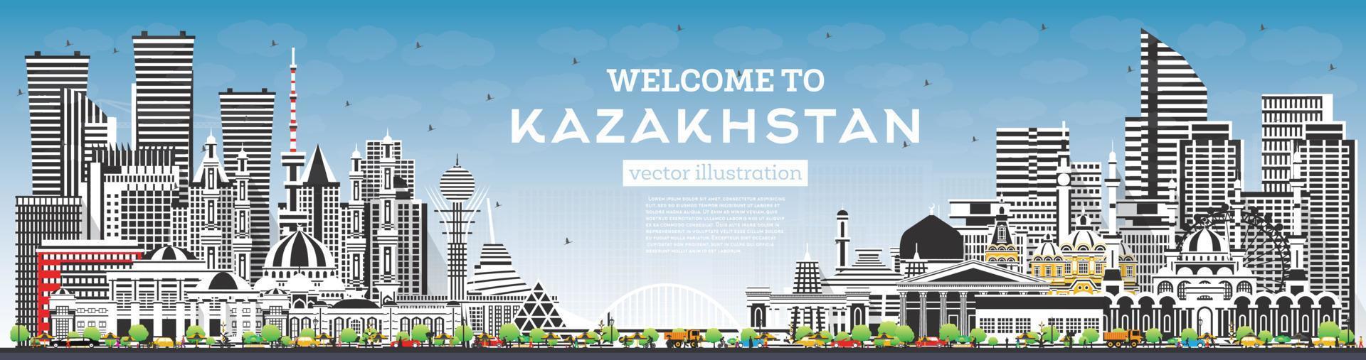 bienvenido a kazajstán. horizonte de la ciudad con edificios grises y cielo azul. vector