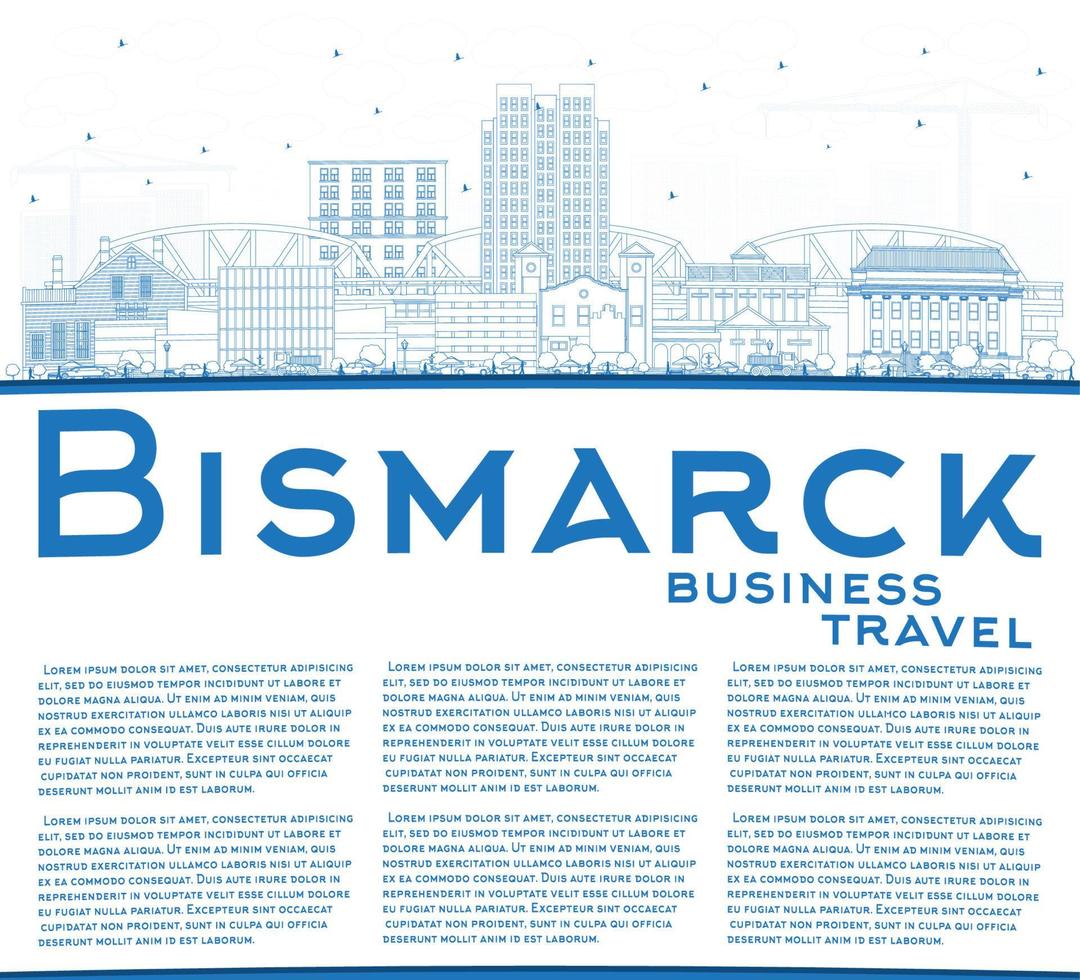 Outline Bismarck North Dakota City Skyline with Blue Buildings and Copy Space. vector