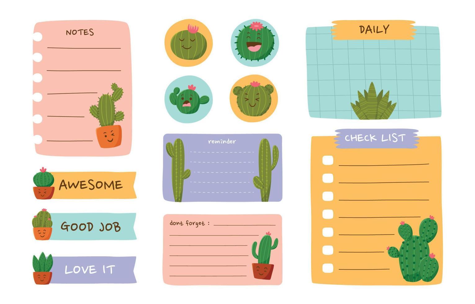 Cute Hand Drawn Cactus Journaling Stickers Set vector