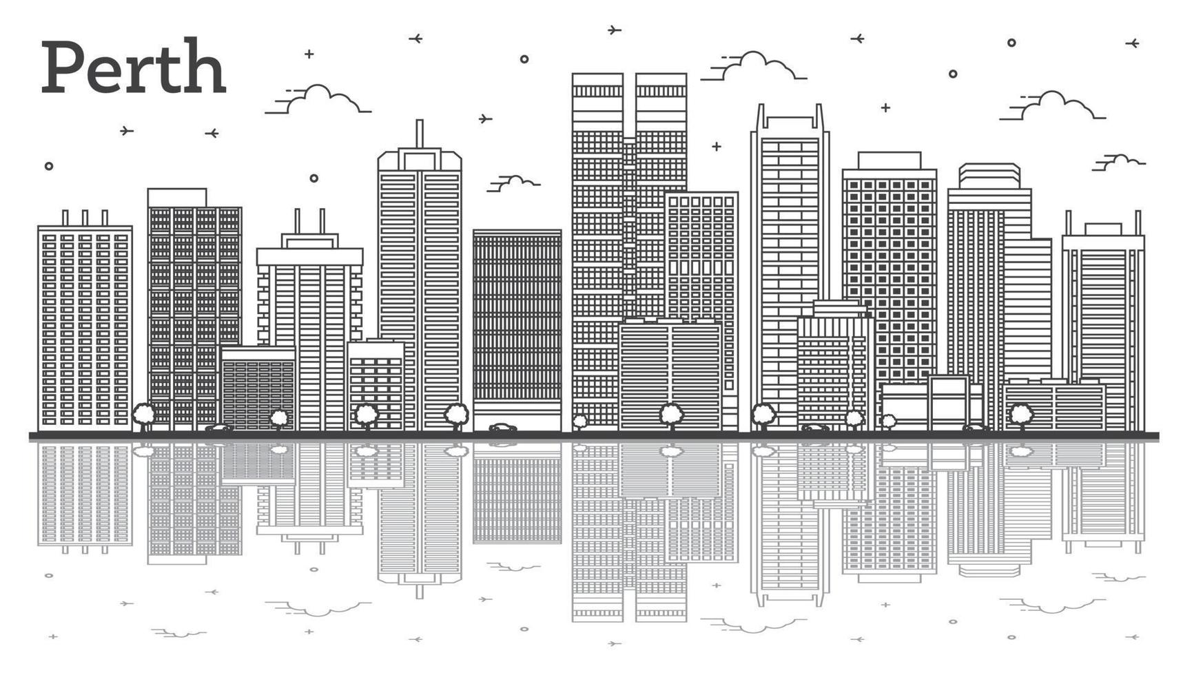 delinear el horizonte de la ciudad de perth australia con edificios modernos y reflejos aislados en blanco. vector