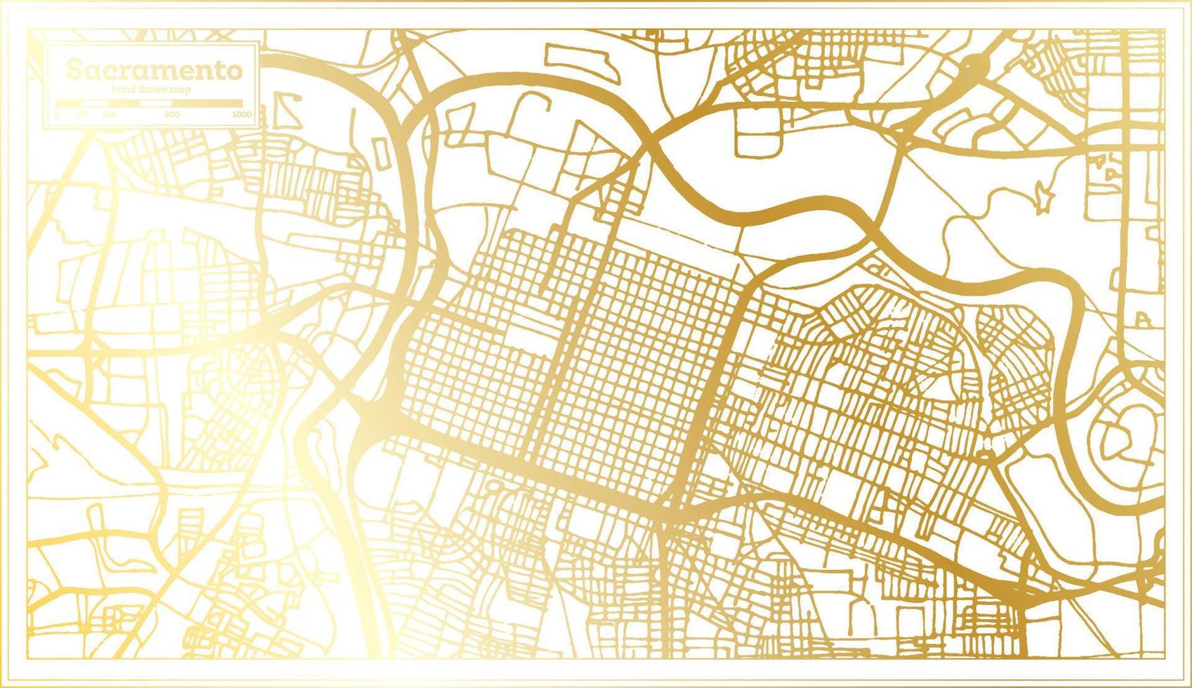 mapa de la ciudad de sacramento usa en estilo retro en color dorado. esquema del mapa. vector