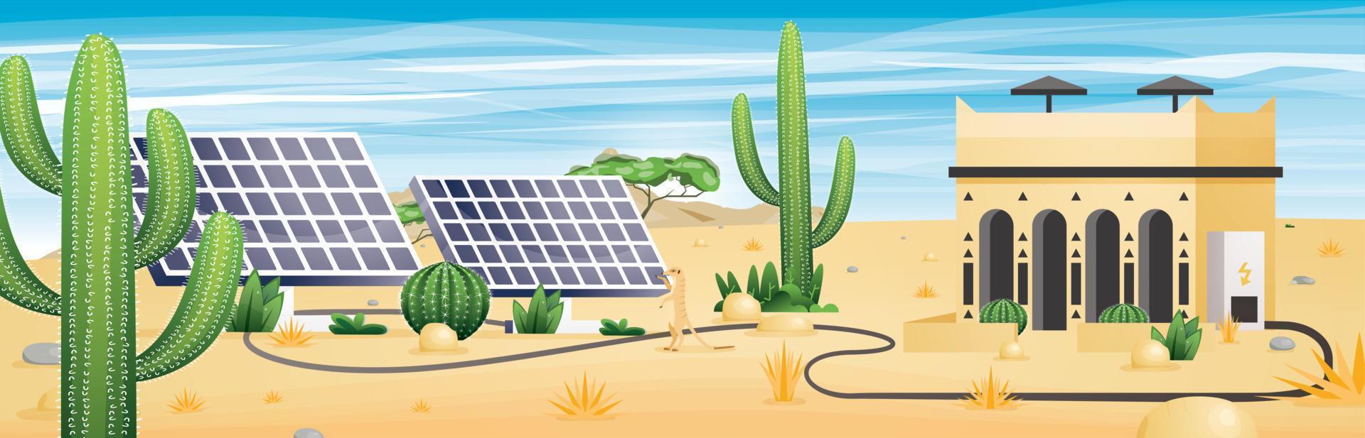 Solar Energy Concept. Deserted Landscape with Sandy Building. Two Solar Panels and Plants. vector