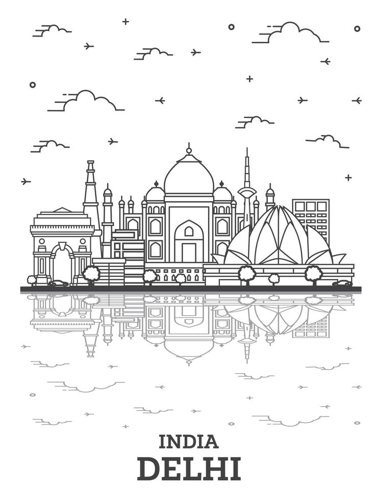 delinear el horizonte de la ciudad de delhi india con edificios históricos y reflejos aislados en blanco. vector