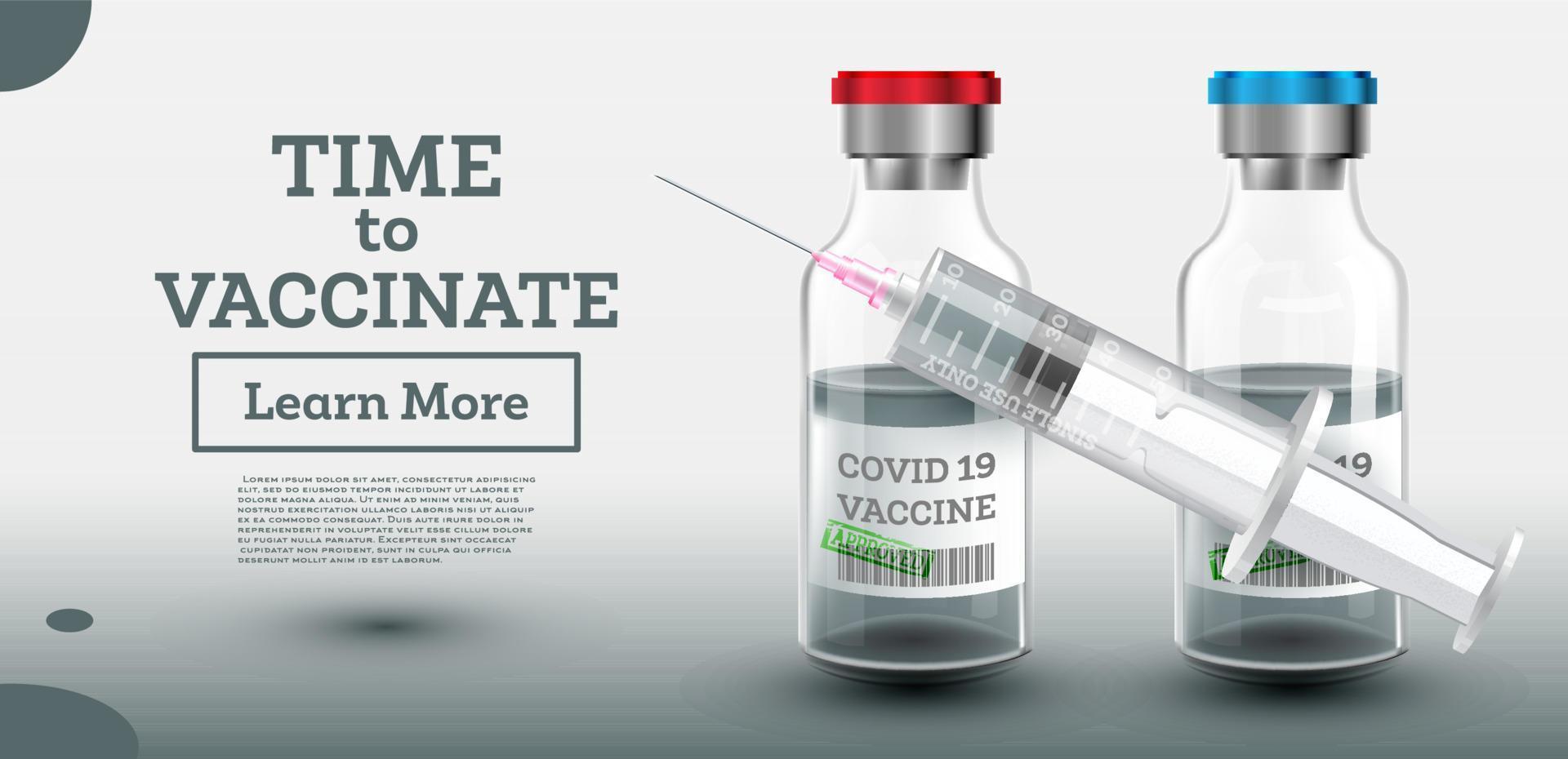 Time to Vaccinate. Two Vaccine Bottles with Syringe for Covid-19. vector