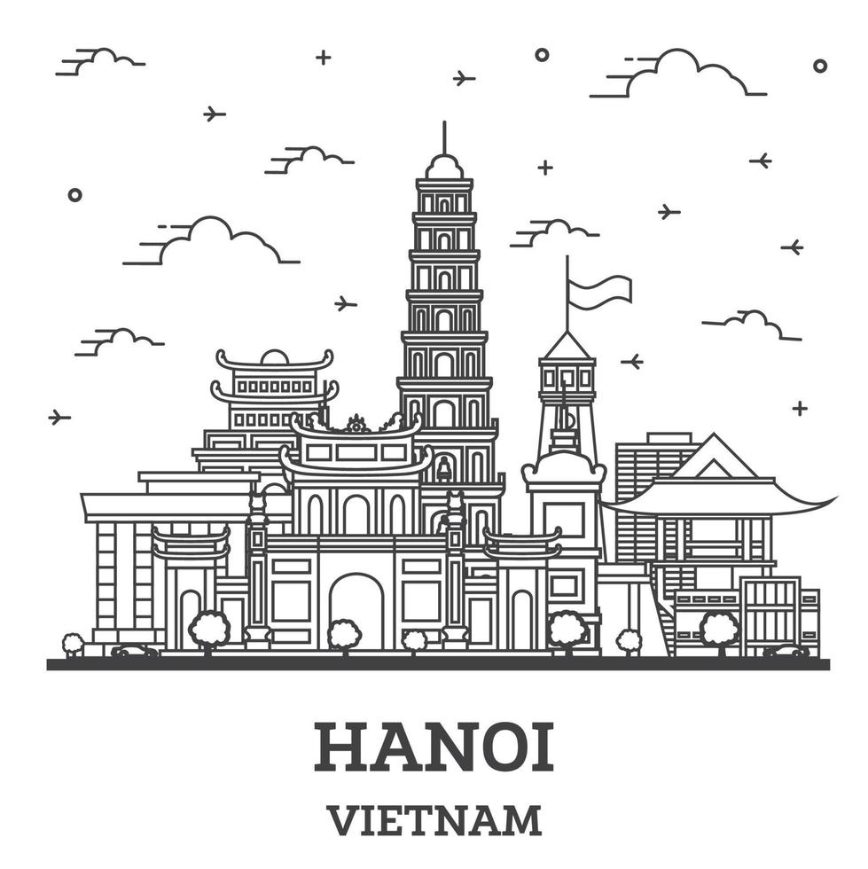 delinear el horizonte de la ciudad de hanoi vietnam con edificios modernos e históricos aislados en blanco. vector