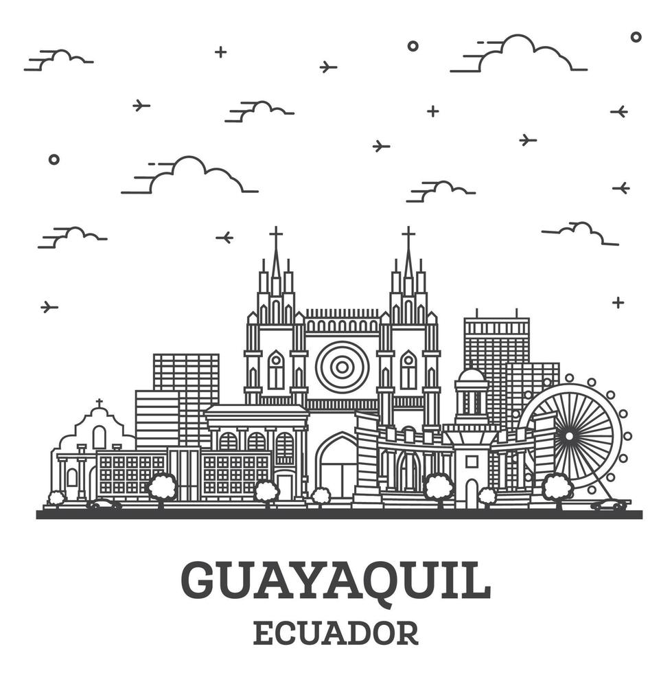 delinear el horizonte de la ciudad de guayaquil ecuador con edificios históricos aislados en blanco. vector