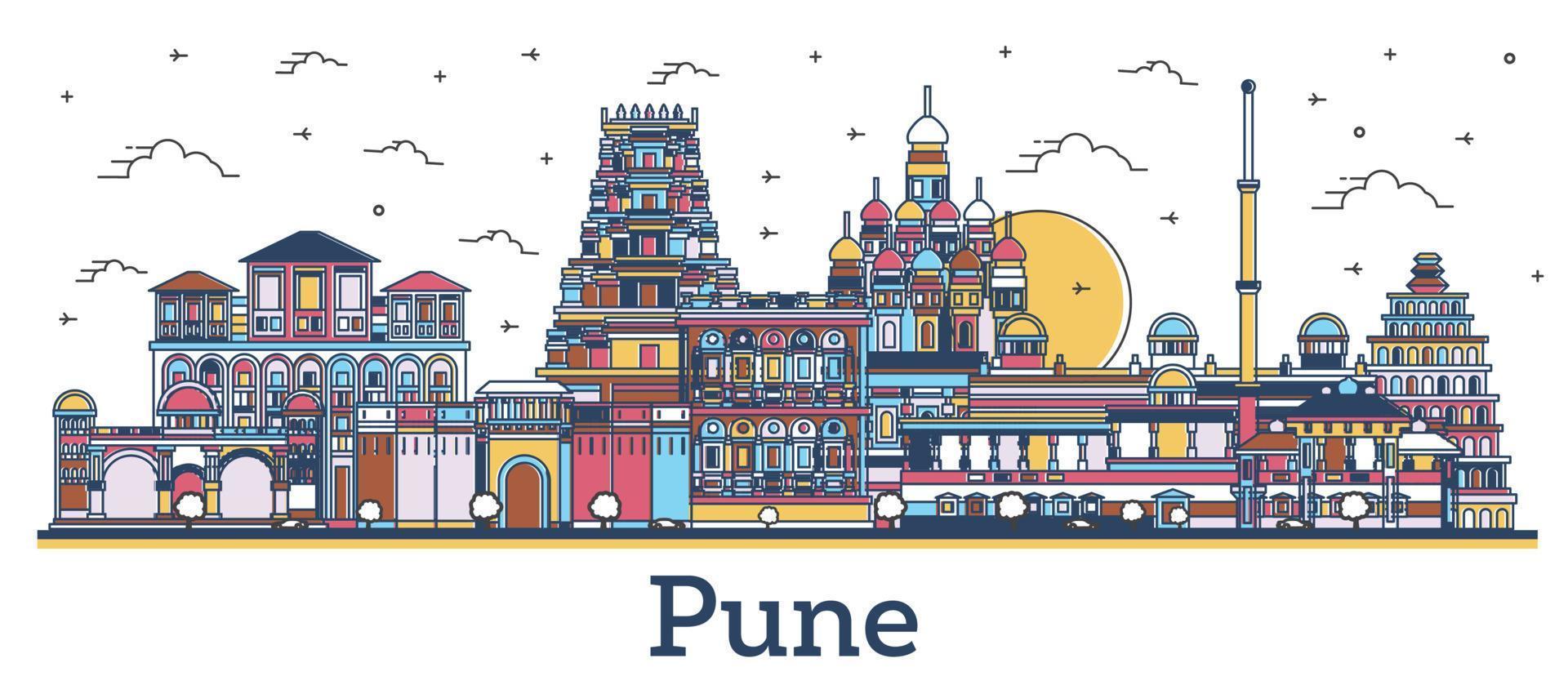 delinear el horizonte de la ciudad de pune india con edificios de colores aislados en blanco. vector