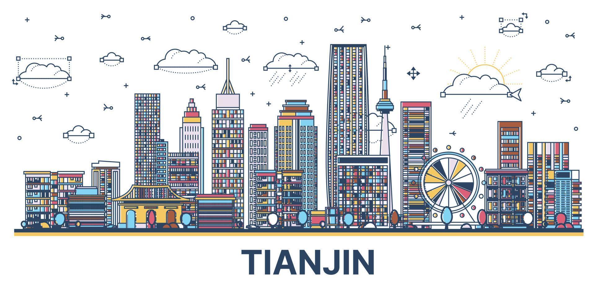 delinear el horizonte de la ciudad de tianjin china con modernos edificios de colores aislados en blanco. vector