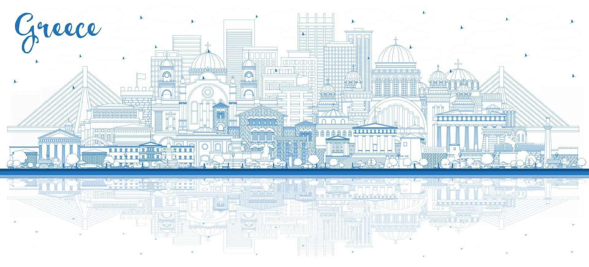 Outline Welcome to Greece City Skyline with Blue Buildings and Reflections. vector