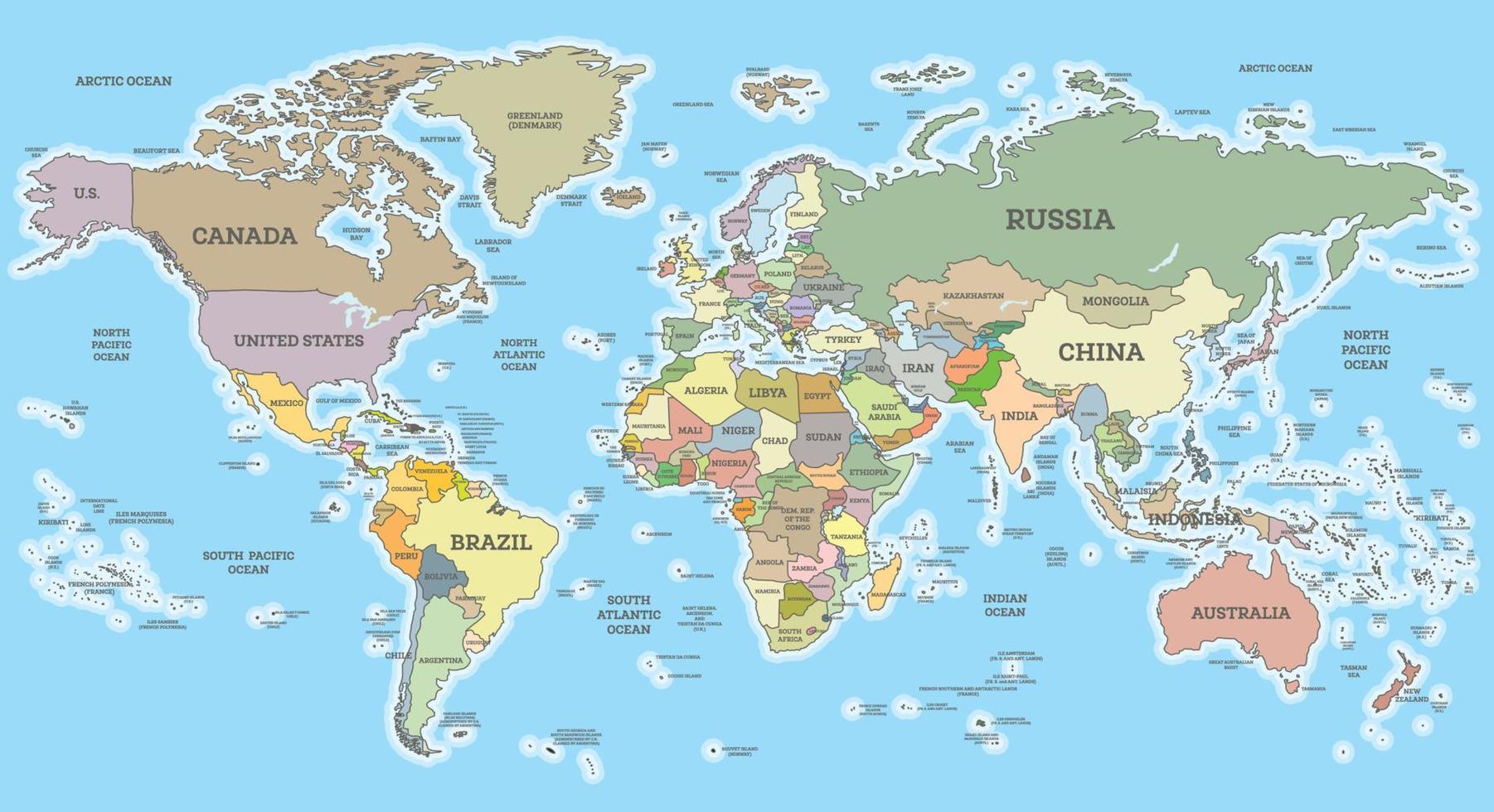 World Map with Borders and Countries. Cylindrical Projection. vector